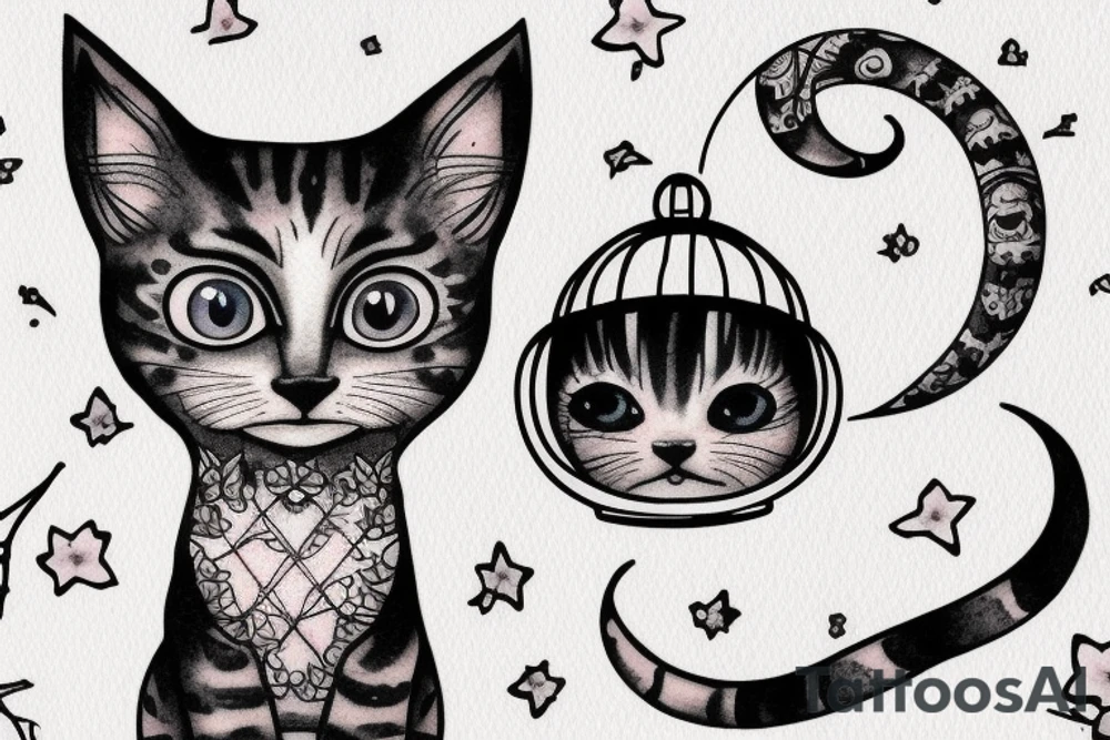 Full scaled, Highly detailed, Wide Eyed Kitten sitting on the Moon, thw Moon is made out of  cage tattoo idea