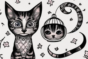 Full scaled, Highly detailed, Wide Eyed Kitten sitting on the Moon, thw Moon is made out of  cage tattoo idea