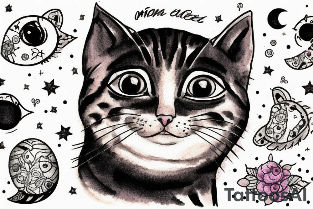 Highly detailed, Wide Eyed Kitten sitting on the Moon, thw Moon is made out of  cage tattoo idea