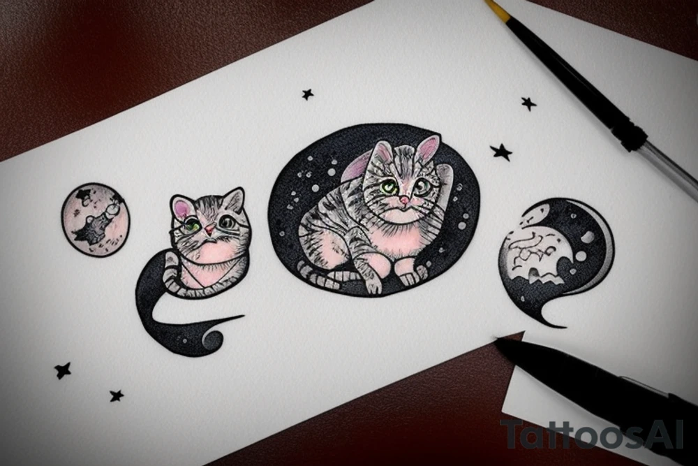 Highly detailed, Wide Eyed Kitten sitting on the Moon, thw Moon is made out of  cage tattoo idea