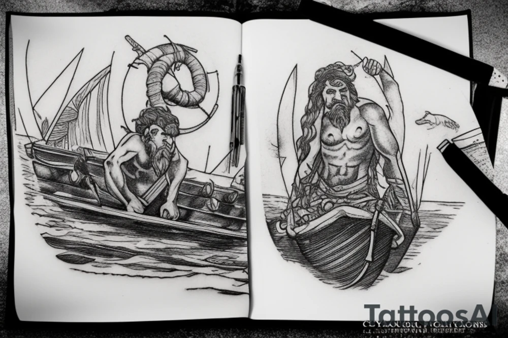 Odysseus on his boat with the Cyclops in the background, brown ink tattoo idea