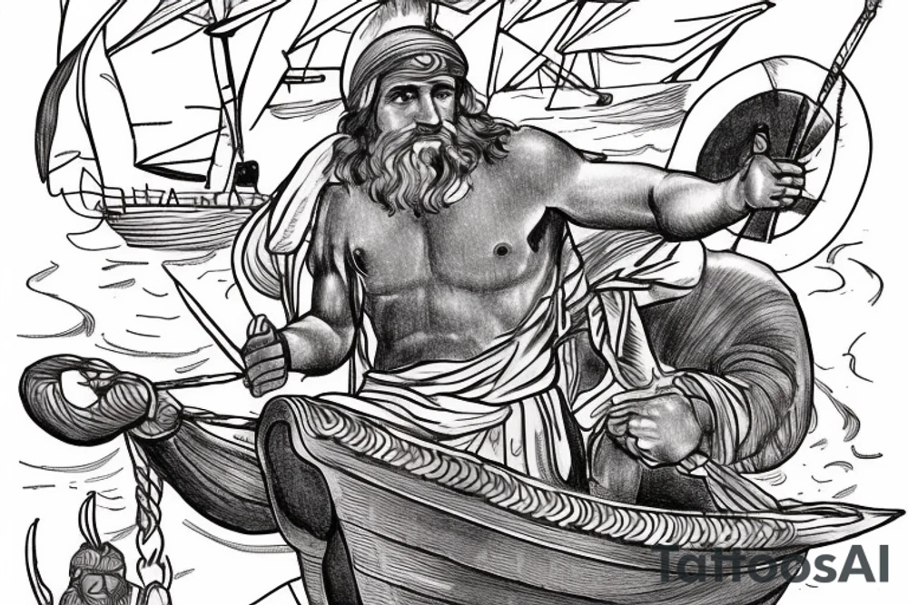 Odysseus on his boat with the Cyclops in the background, brown ink tattoo idea