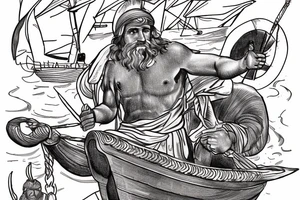 Odysseus on his boat with the Cyclops in the background, brown ink tattoo idea