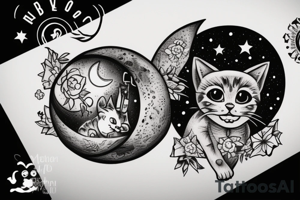 Highly detailed, Wide Eyed Kitten sitting on the Moon, Moon is made out of  cage tattoo idea