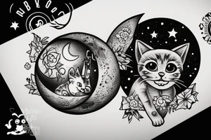 Highly detailed, Wide Eyed Kitten sitting on the Moon, Moon is made out of  cage tattoo idea