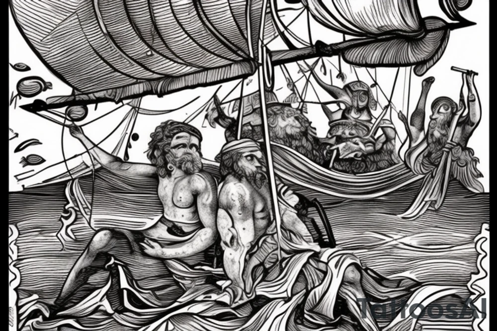 Odysseus on his boat with the Cyclops in the background, brown ink tattoo idea