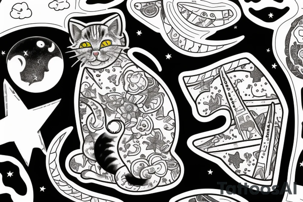 Highly detailed, Wide Eyed Kitten sitting on the Moon, Moon is made out of  cage tattoo idea