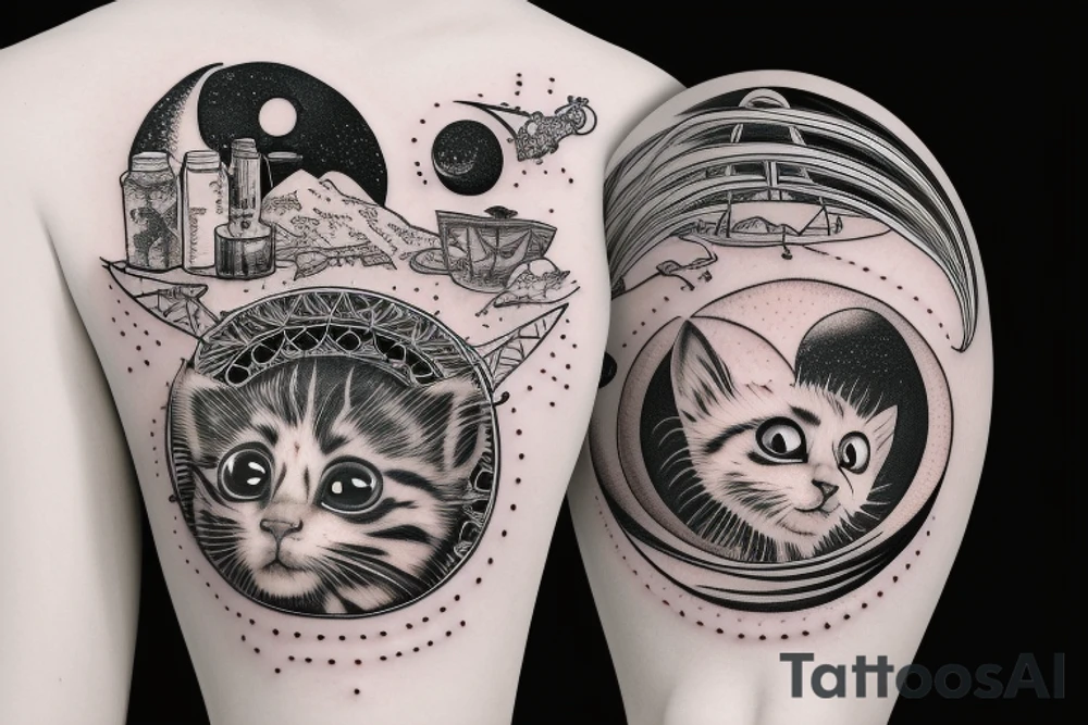 Highly detailed, Wide Eyed Kitten sitting on the Moon, Moon is made out of  cage tattoo idea