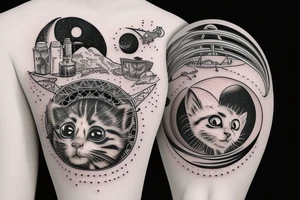 Highly detailed, Wide Eyed Kitten sitting on the Moon, Moon is made out of  cage tattoo idea