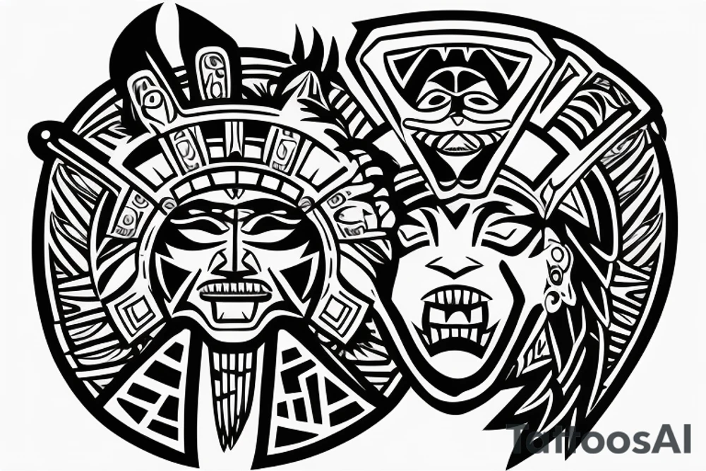 Aztec warrior wearing a jaguar headdress screaming holding a shield and spear tattoo idea