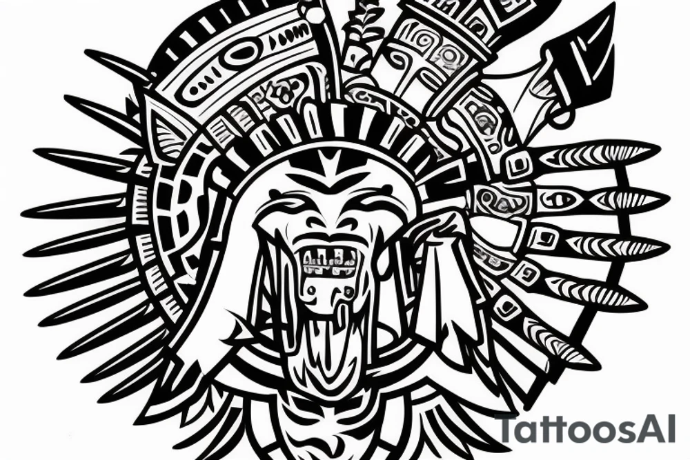 Aztec warrior wearing a jaguar headdress screaming holding a shield and spear tattoo idea