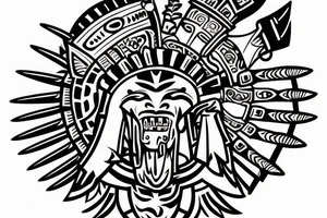 Aztec warrior wearing a jaguar headdress screaming holding a shield and spear tattoo idea