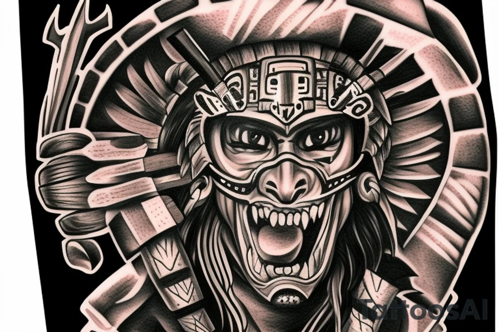 ultra-realism, Aztec warrior, wearing a jaguar headdress, screaming, holding a shield and spear photo realism tattoo idea