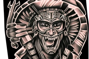 ultra-realism, Aztec warrior, wearing a jaguar headdress, screaming, holding a shield and spear photo realism tattoo idea