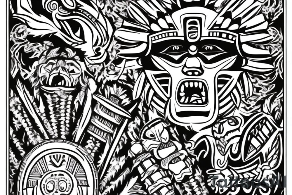 ultra-realism, Aztec warrior, wearing a jaguar headdress, screaming, holding a shield and spear photo realism tattoo idea