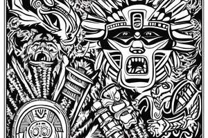 ultra-realism, Aztec warrior, wearing a jaguar headdress, screaming, holding a shield and spear photo realism tattoo idea