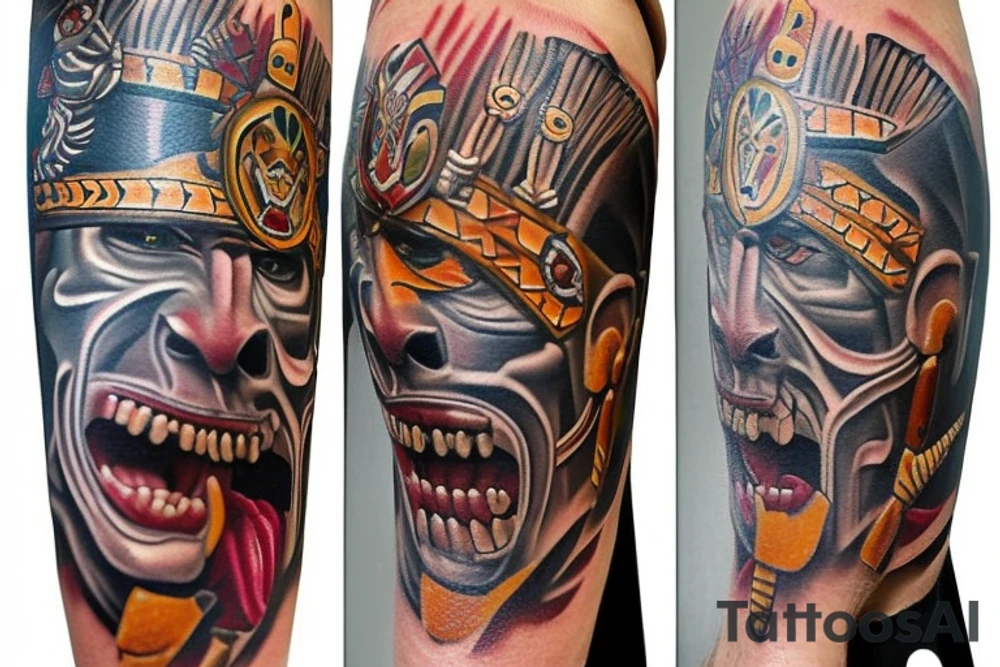 ultra-realism, Aztec warrior, wearing a jaguar headdress, screaming, holding a shield and spear photo realism scene full body tattoo idea