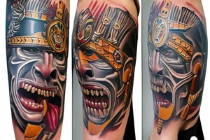 ultra-realism, Aztec warrior, wearing a jaguar headdress, screaming, holding a shield and spear photo realism scene full body tattoo idea