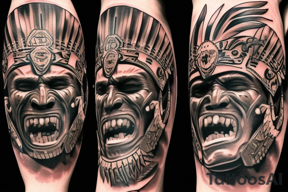 ultra-realism, Aztec warrior, wearing a jaguar headdress, screaming, holding a shield and spear photo realism scene full body tattoo idea