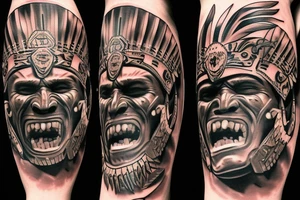 ultra-realism, Aztec warrior, wearing a jaguar headdress, screaming, holding a shield and spear photo realism scene full body tattoo idea