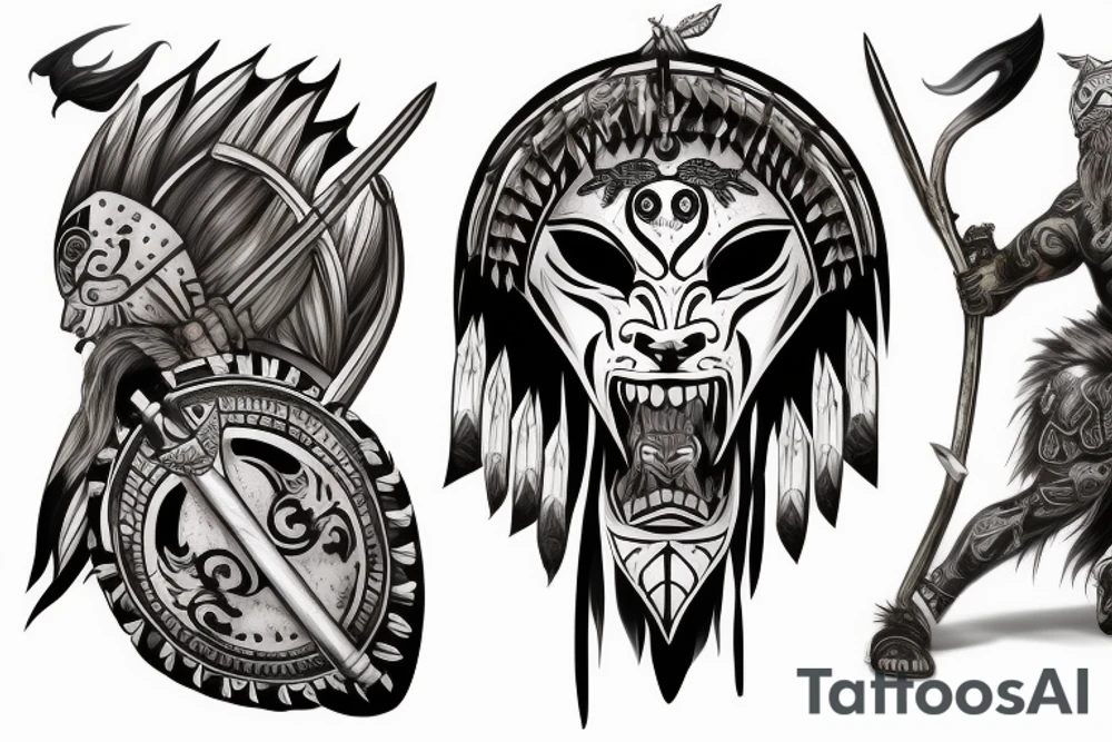 ultra-realism, warrior, wearing a jaguar headdress, screaming, holding a shield and spear photo realism scene full body tattoo idea