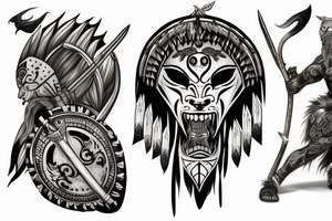 ultra-realism, warrior, wearing a jaguar headdress, screaming, holding a shield and spear photo realism scene full body tattoo idea