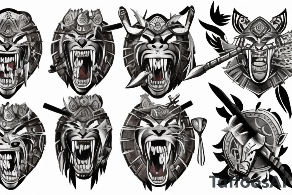 ultra-realism, warrior, wearing a jaguar headdress, screaming, holding a shield and spear photo realism scene full body tattoo idea