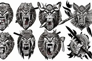 ultra-realism, warrior, wearing a jaguar headdress, screaming, holding a shield and spear photo realism scene full body tattoo idea