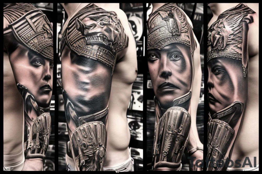 ultra-realism, warrior in battle, wearing a jaguar headdress, screaming, holding a shield and spear photo realism scene full body tattoo idea