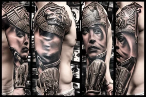 ultra-realism, warrior in battle, wearing a jaguar headdress, screaming, holding a shield and spear photo realism scene full body tattoo idea