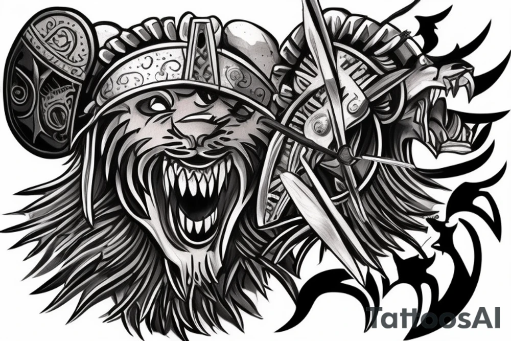 ultra-realism, warrior in battle, wearing a jaguar headdress, screaming, holding a shield and spear photo realism scene full body tattoo idea