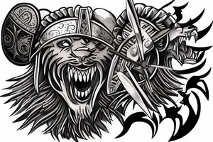 ultra-realism, warrior in battle, wearing a jaguar headdress, screaming, holding a shield and spear photo realism scene full body tattoo idea