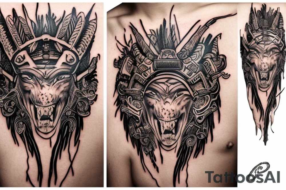 ultra-realism, a warrior in battle, wearing a jaguar headdress tattoo idea