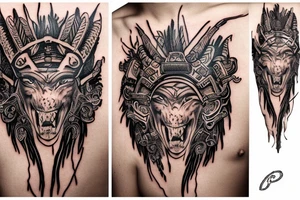 ultra-realism, a warrior in battle, wearing a jaguar headdress tattoo idea