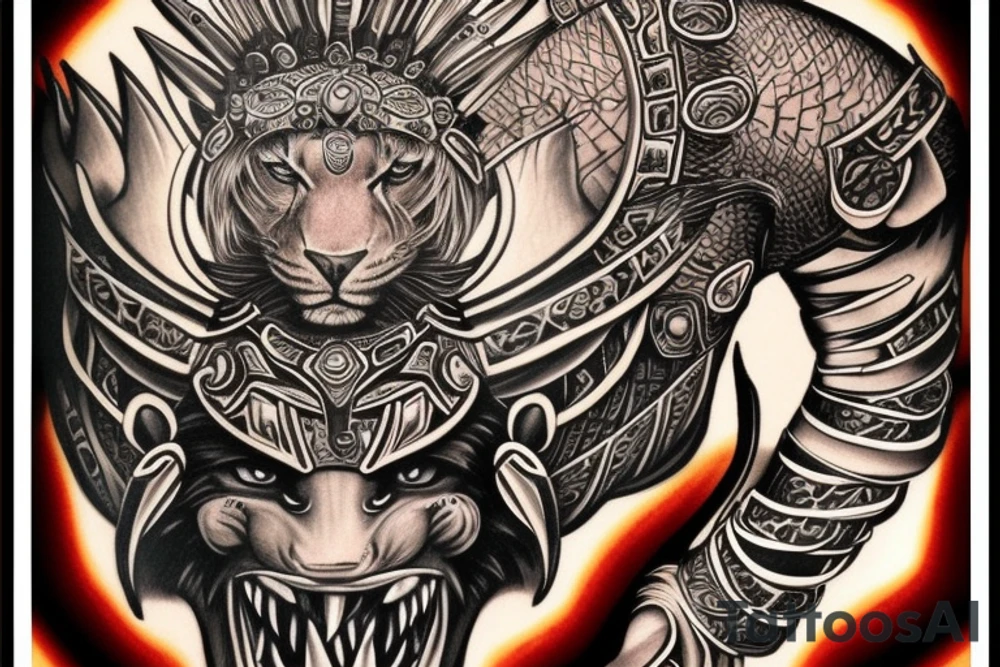ultra-realism, a warrior in battle, wearing a jaguar headdress tattoo idea