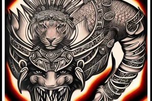 ultra-realism, a warrior in battle, wearing a jaguar headdress tattoo idea