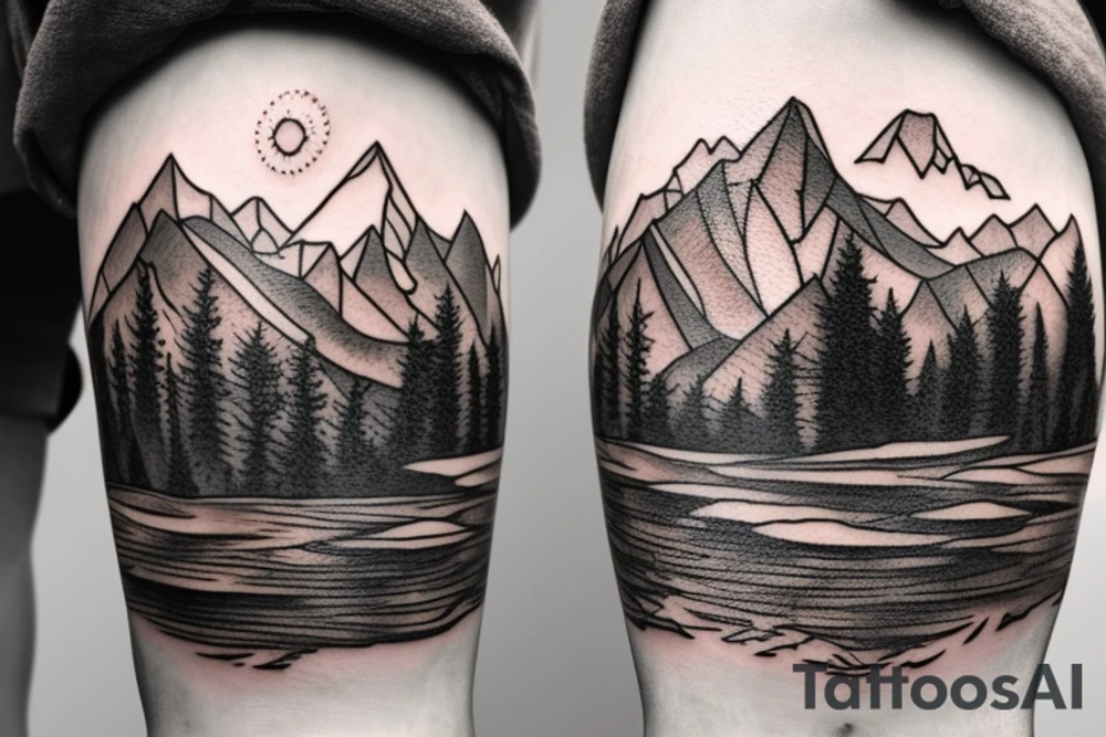 a mountain scene with trees water and a bear catching a fish tattoo idea
