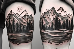 a mountain scene with trees water and a bear catching a fish tattoo idea