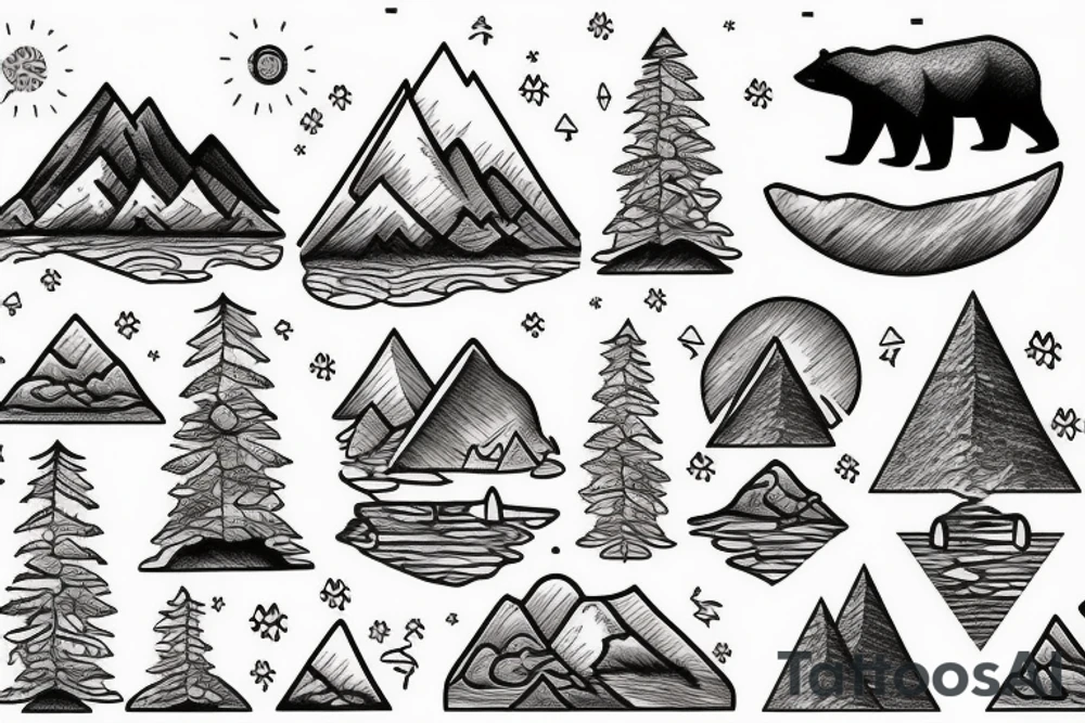 a mountain scene with trees water and a bear catching a fish tattoo idea