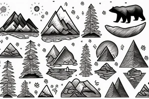 a mountain scene with trees water and a bear catching a fish tattoo idea