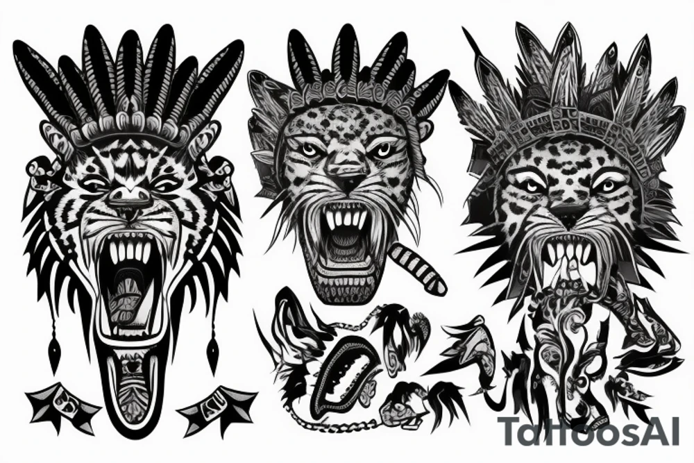 warrior wearing a jaguar headdress screaming photo-realistic tattoo idea