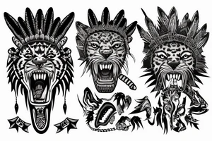 warrior wearing a jaguar headdress screaming photo-realistic tattoo idea