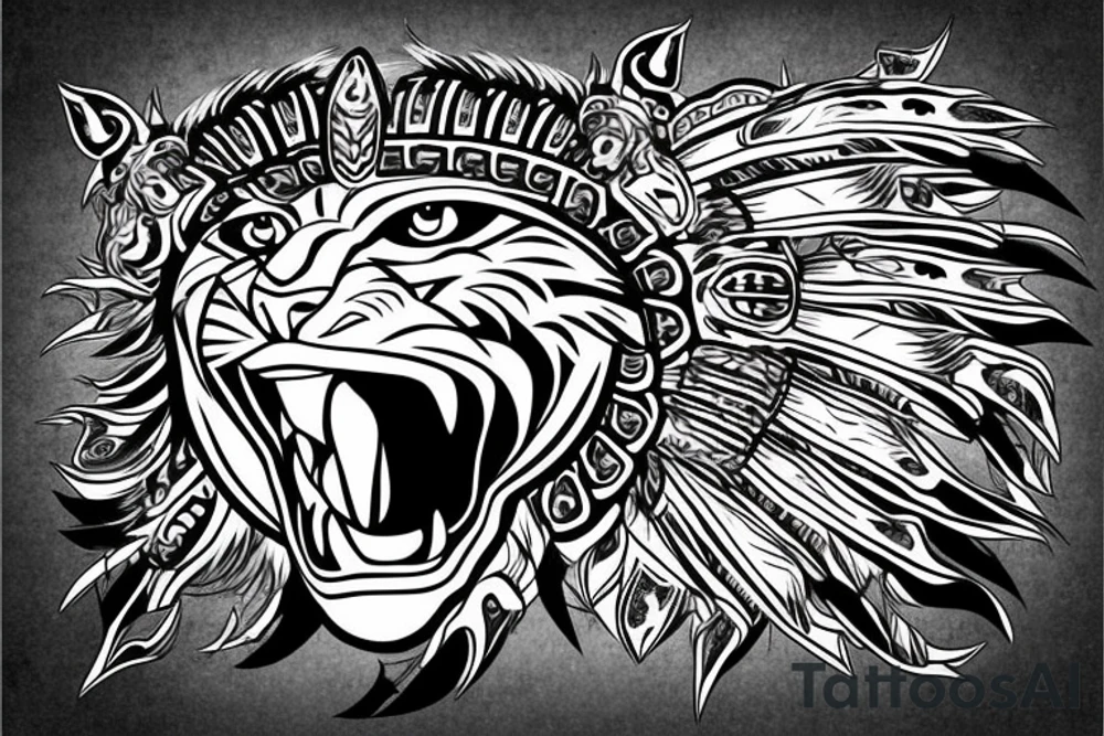 warrior wearing a jaguar headdress screaming photo-realistic tattoo idea