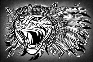 warrior wearing a jaguar headdress screaming photo-realistic tattoo idea