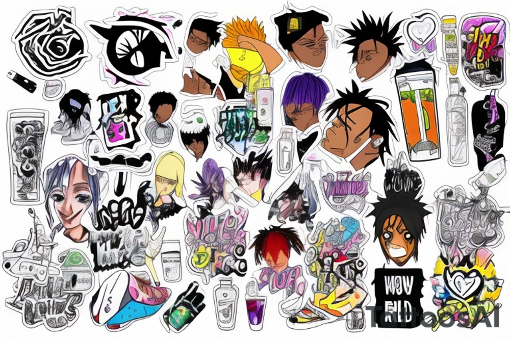 Juice wrld tribute with 999 and pills anime style tattoo idea