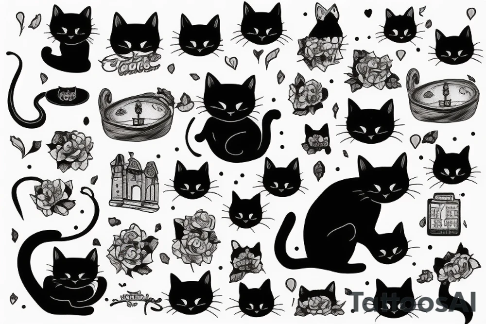 Black cat being cozy in the city tattoo idea