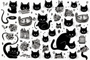 Black cat being cozy in the city tattoo idea