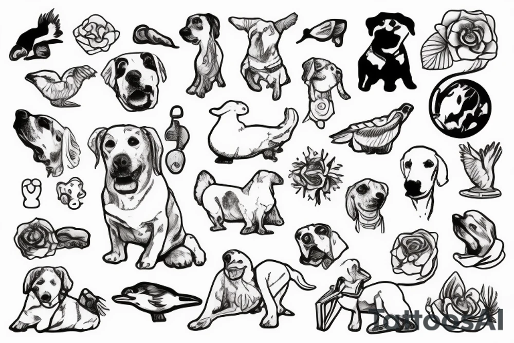 White dog on a beach with a rubber chicken tattoo idea