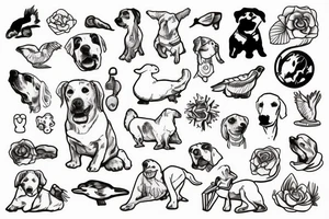 White dog on a beach with a rubber chicken tattoo idea