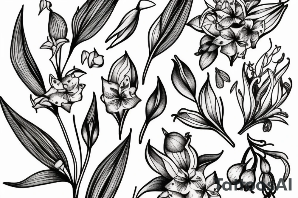 oleander, lily of the valley, foxglove flowers tattoo idea